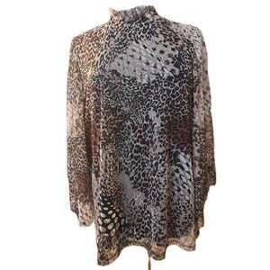 Chico's Cheetah & Snake Print Sheer Mesh Top Size 2 US L Wide Sleeves Lined